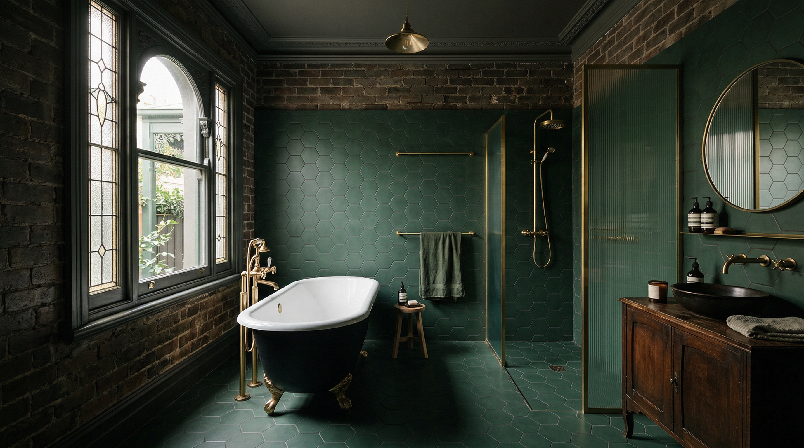 Spa-style Melbourne terrace bathroom with freestanding bath and brass tapware